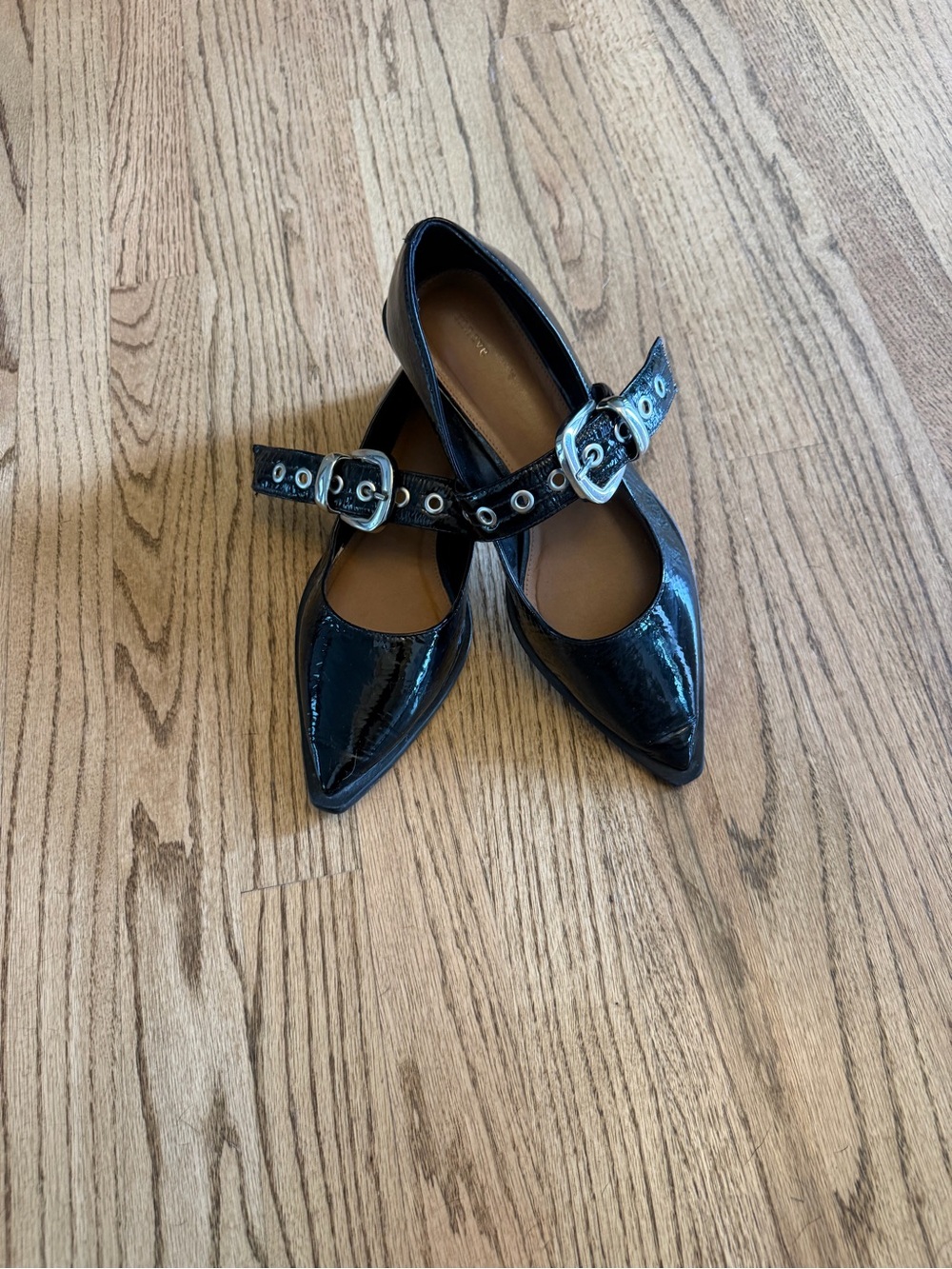 Maeve Pointed Toe Mary Jane Flats in Black Patent with Buckle Strap